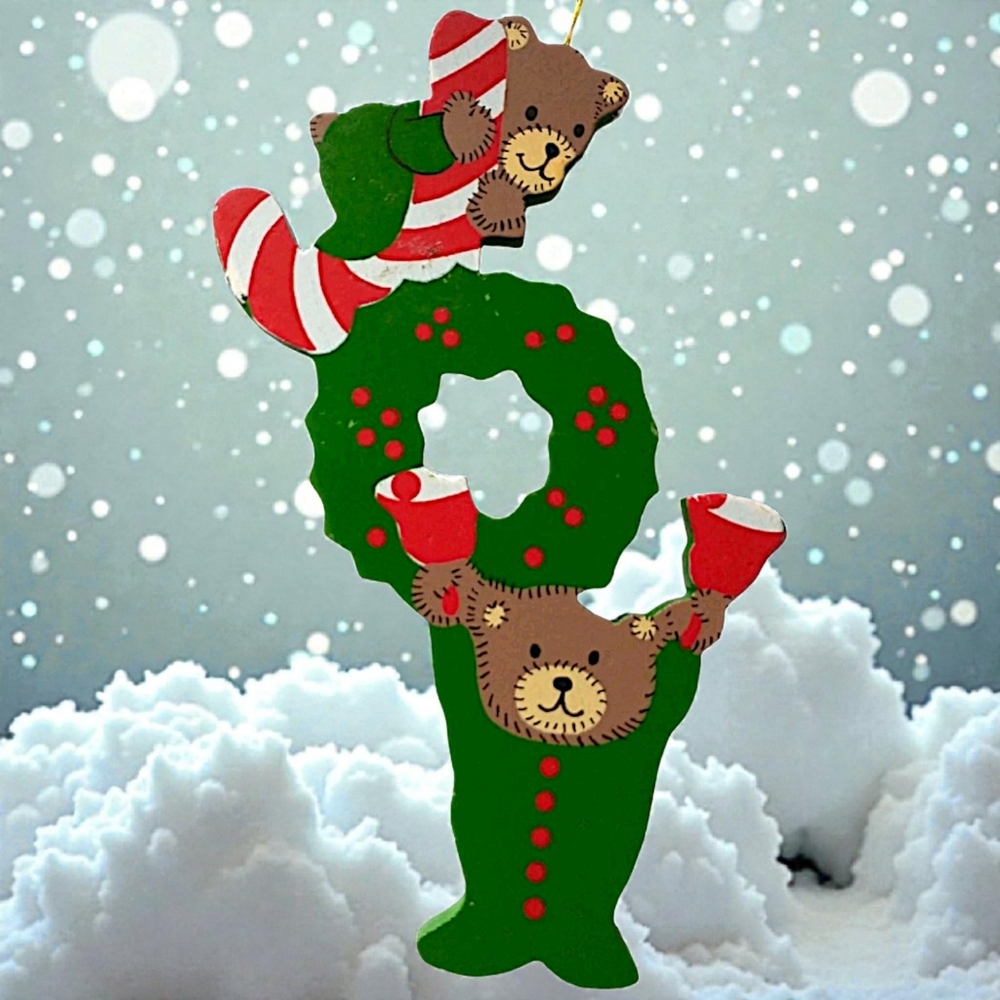JOY Spell‎ Out Christmas Ornament Folk Art Primitive Die Cut Vintage Wood Bears